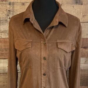 Suede -like Brown Button Down Shirt for Women